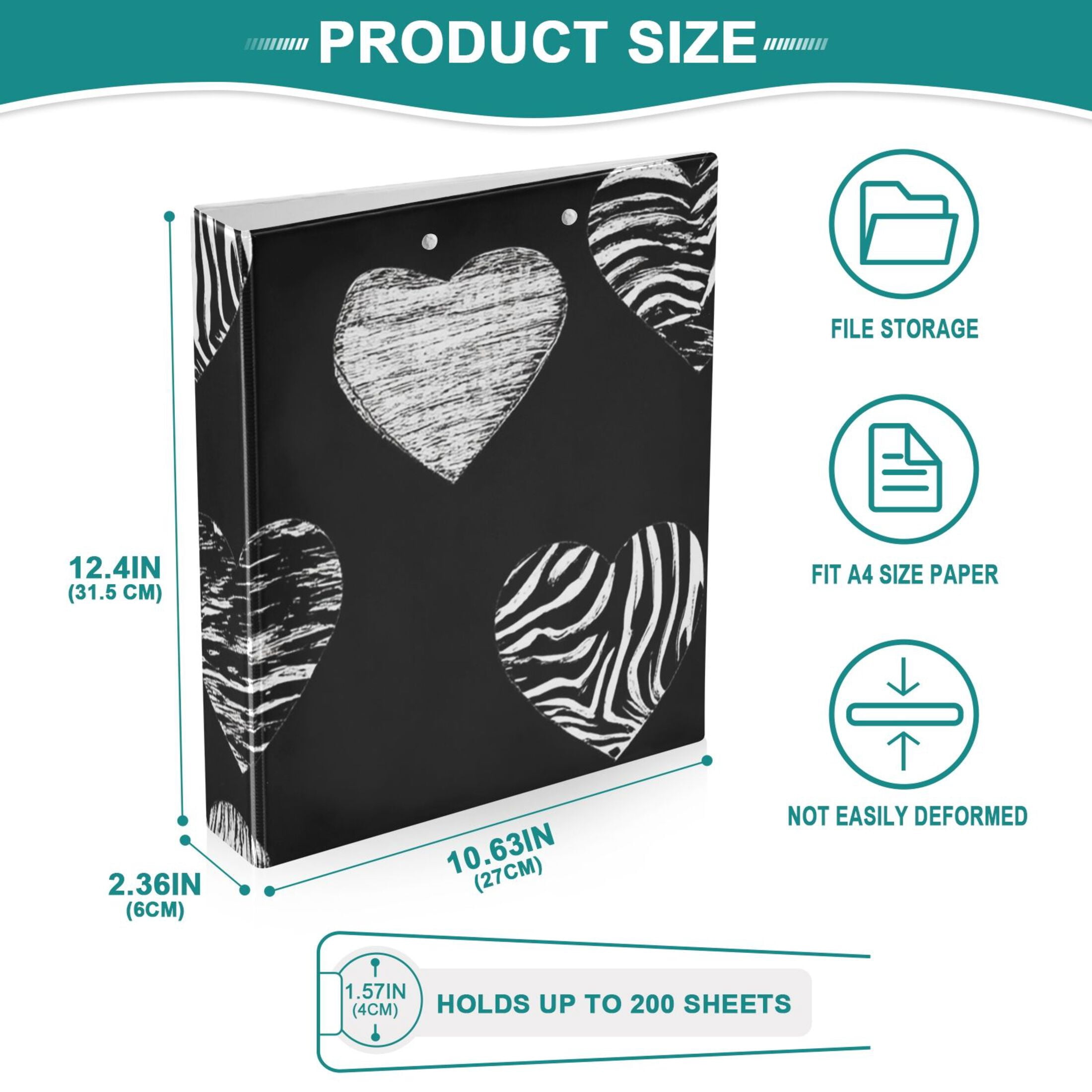 Hearts Zebra Stripes 3 Ring Binders 1.5 inch Hardcover File Folders with Interior Pockets A4 Size Organizer for School Office Hospital