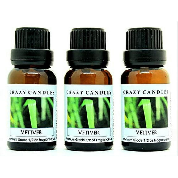 Crazy Candles Vetiver 3 Bottles 1/2 Fl Oz Each (15ml) Premium Grade Scented Fragrance Oil (Aromatherapy Aroma Grass Native to India)