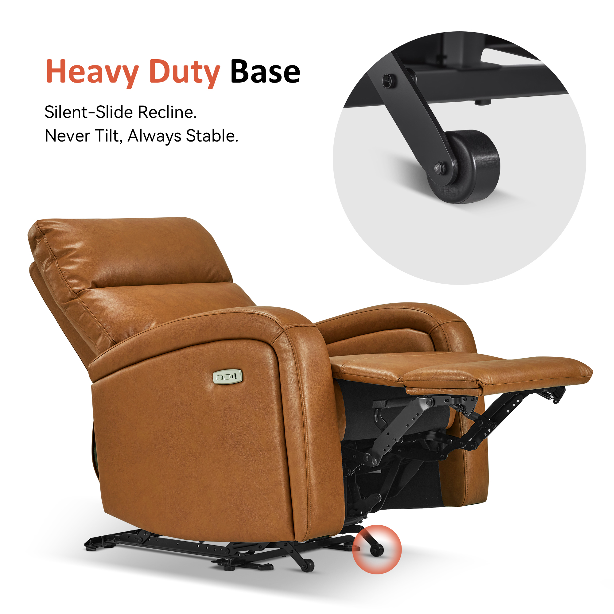 MCombo Zero Wall Hugger Power Recliner Chair for Small Space, Living Room, RV, Cognac Brown