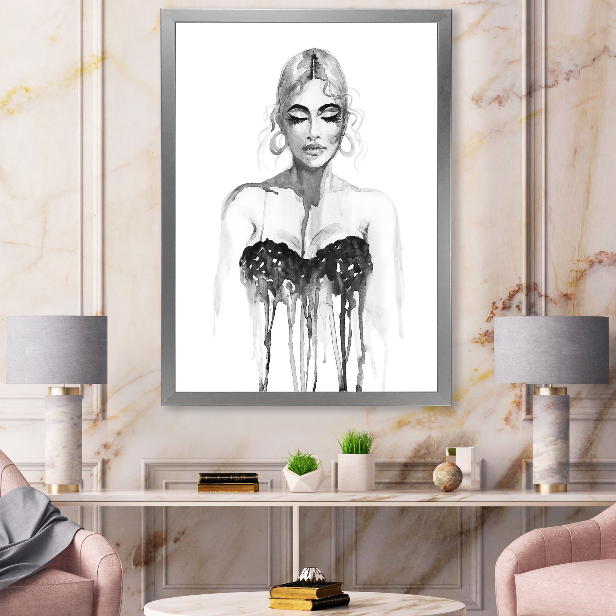 Black and White Portrait of Woman Wearing Evening Dress 16 in x 32 in Framed Painting Canvas Art Print, by Designart