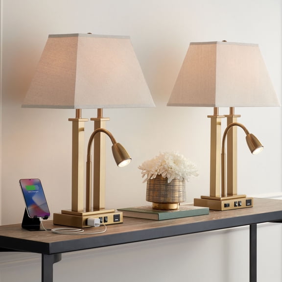 Possini Euro Design Deacon 26" High Traditional Desk Lamps Set of 2 USB Port AC Power Outlet Gooseneck Brass Finish Metal Charging
