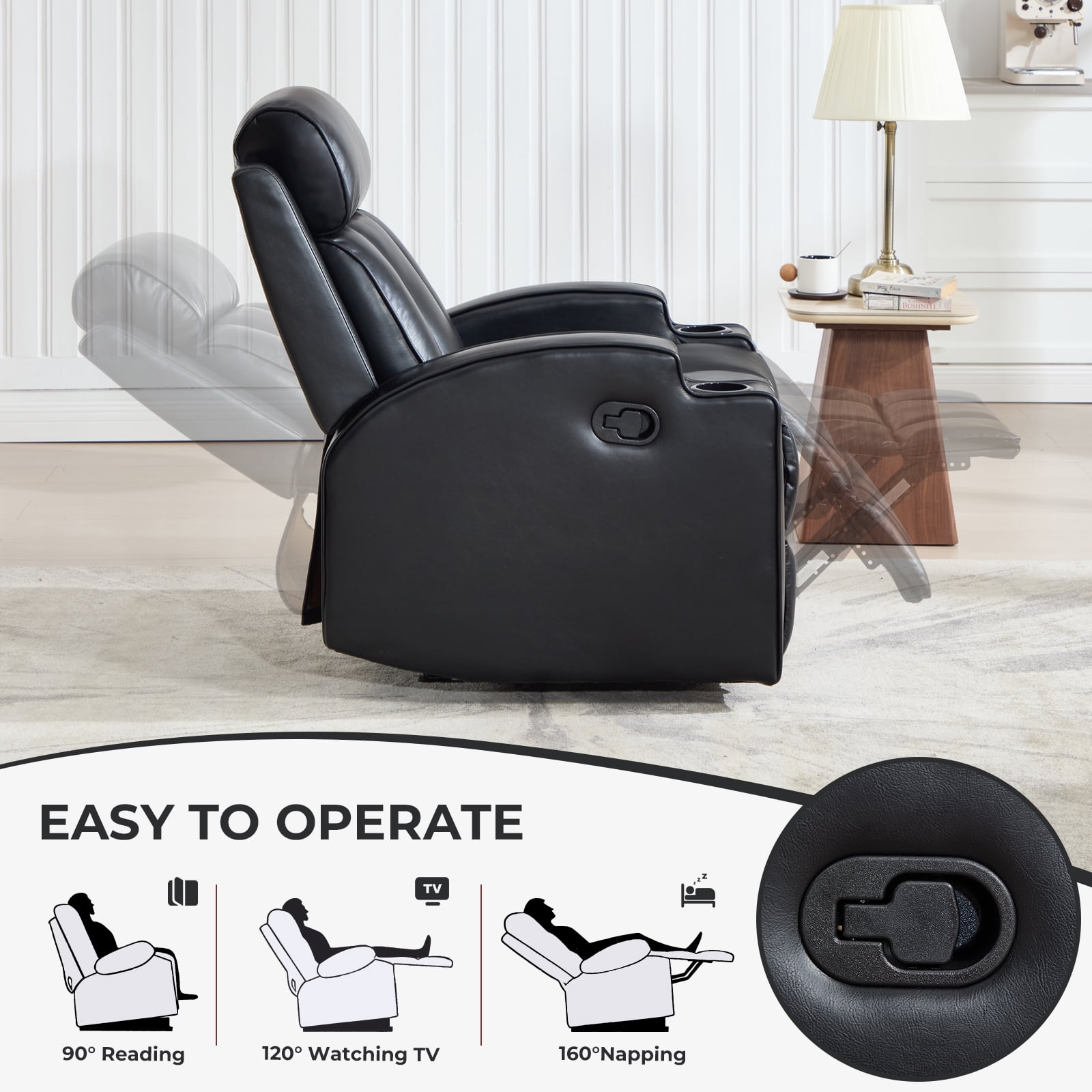 Ebello Manual Reclining Chair, PU Leather Modern Overstuffed Recliner with Cup Holders for Living Room & Home Theater, Black