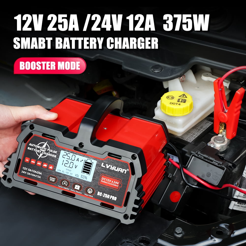 LVYUAN 25A 12V/24V Automotive Battery Charger Float & Trickle Battery Charger Maintainer Desulfator for Car, Truck, Motorcycle, lawn mower, LiFePO4 & Lead-Acid Batteries