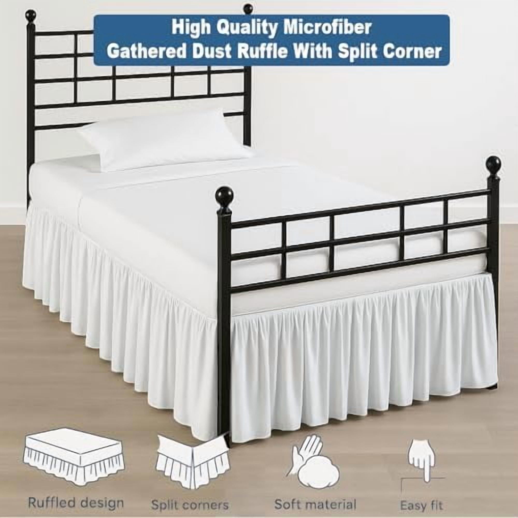 Ruffled Bed Skirt Split Corners with Platform, Tailored Fit Hotel Quality Wrinkle Free Ultra-Soft Microfiber Dust Ruffle, Upto 28 Inch Drop, Queen, White