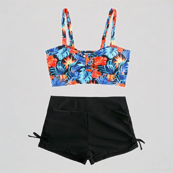 REDARER Girls' 2-Piece Bikini Set – Tropical Floral Bandeau Top Adjustable Black Swim Shorts, Hawaii Beach Swimwear,15-16 Years