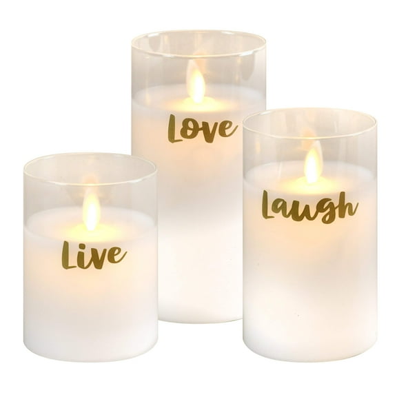 LumaBase Battery Operated LED Glass Candles with Moving Flame, Live Laugh Love - Set of 3 (White Wax with White Lights)