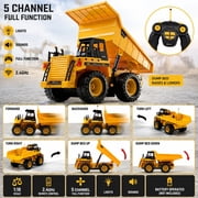 1:18 Yellow RC Dump Truck Toy with Lights, Sounds and Lifting Bed, Ages 3+