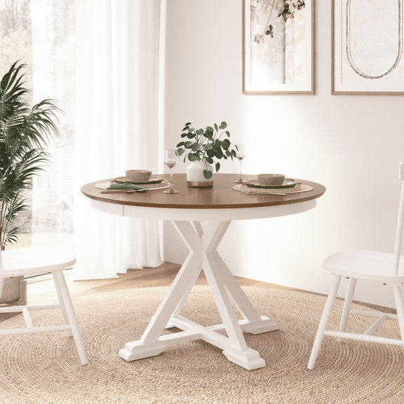 Bush Furniture West End 45W Round Trestle Dining Table in Burnished Medium Brown and White