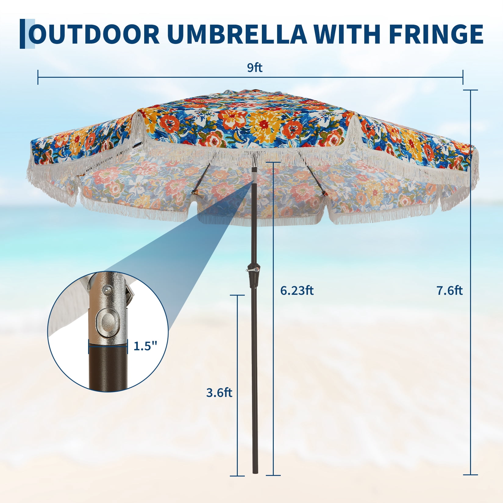 Memoryfield 9FT Fringe Patio Umbrella, UV50+ Sun Protection Outdoor Tassels Beach Umbrella for Garden Pool Backyard, Flower