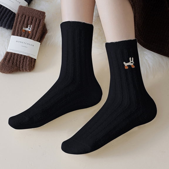 Gymayou Women Embroidered Coral Velvet Crew Socks Soft Fluffy Winter Home Socks For Indoor Outdoor