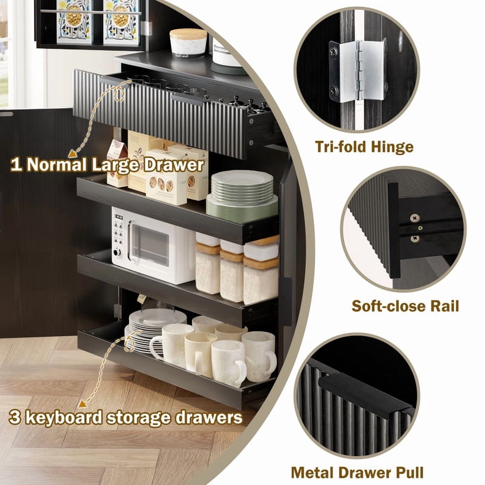 72'' Tall Fluted Kitchen Pantry Hutch with Rack & Drawer, Multi-Functional Storage Cabinet, Freestanding Cupboard Organizer