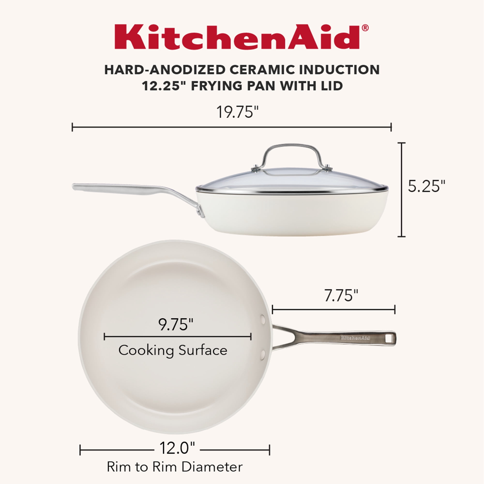 KitchenAid Hard-Anodized 12.25 Inch Ceramic Induction Skillet with Lid, Dishwasher Safe and Oven Safe to 500°F, Porcelain White