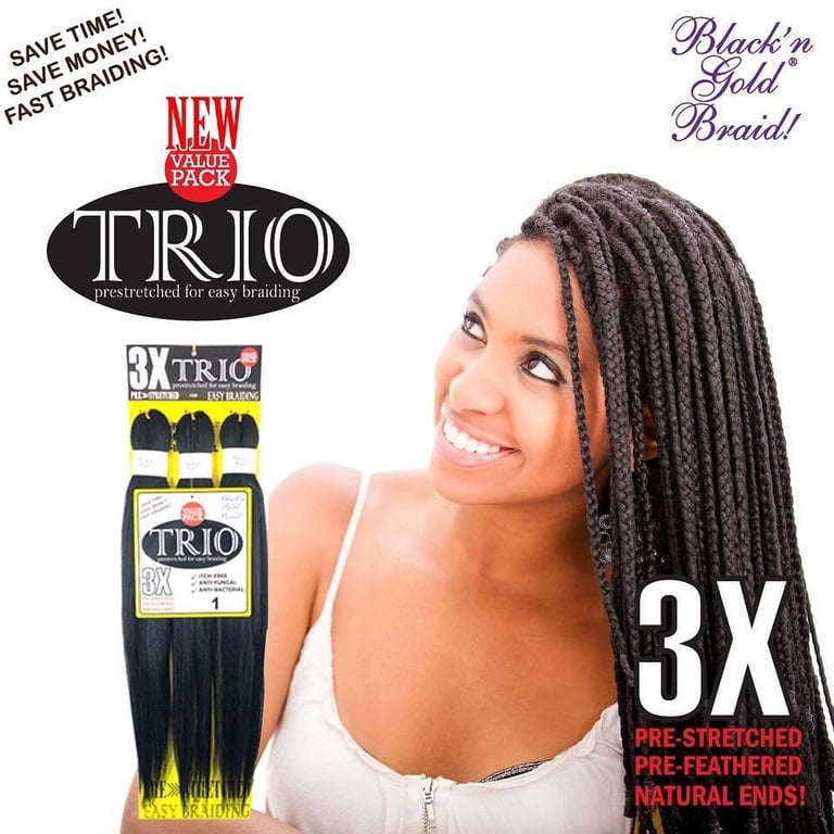 Black N Gold 3X Trio Pre Stretched Braiding Hair, 3 Pack  display picture 3