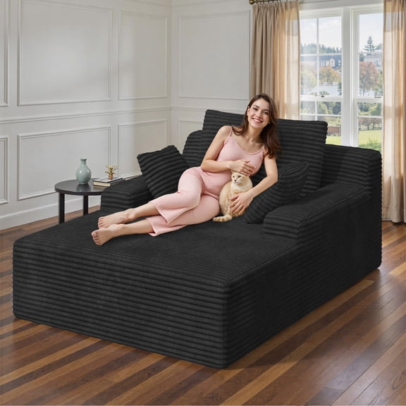 Hawsaiy 68" Oversized Chaise Lounge Indoor Chair, Plush Corduroy Floor Sofa Bed with Deep Seat & Wide Armrests, Fully Assembled Comfy Reading Couch for Living Room & Bedroom, Black