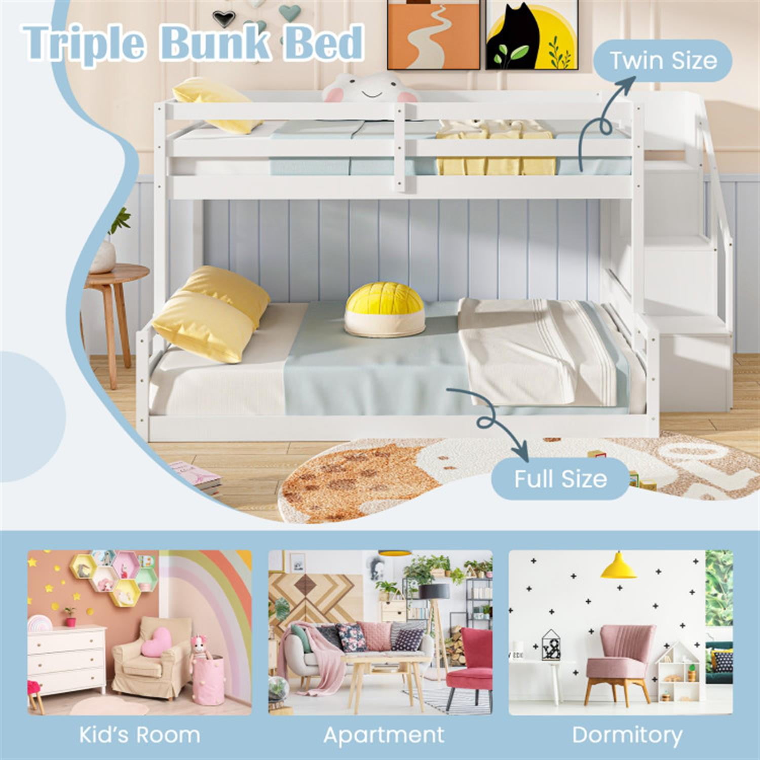 Demi Bonn Twin Over Full Bunk Bed with Safety Rail and Storage Stairs, Twin Bunk Beds, Space-saving Solid Wood Bed Frame, White