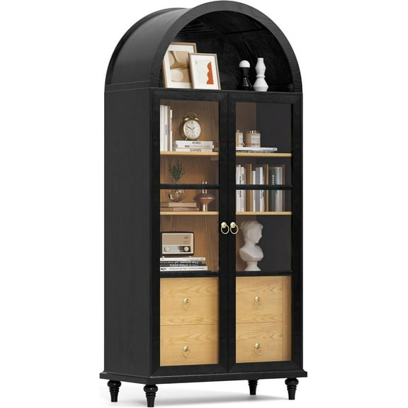 YESHOMY 71" Tall Arched Pantry Cabinet, Storage Cabinets with 2 Large Drawers and 3 Shelves, Wood Bookshelf, Modern Farmhouse Cupboard for Living Room, Kitchen, Dining Room, Black
