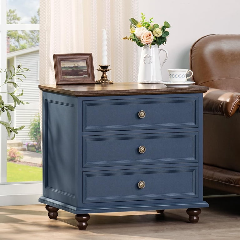 24" Wide Farmhouse Night Stand Set of 2,Large End Table with 3 Drawers &  Metal Handle,Blue Dresser for Bedroom,Bed Side Table Chest of Drawers  Cabinet,Wood Nightstand for Living Room,Closet - Walmart.com