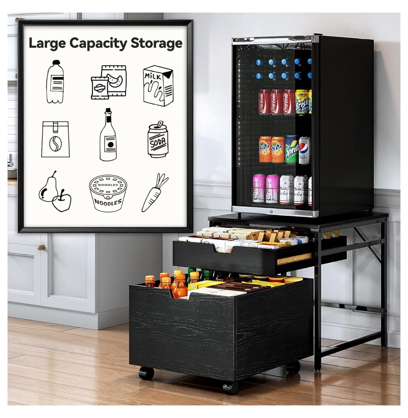 Mini Fridge Stand with Storage Drawer, 300 lb Load Capacity Mini Fridge Stand with Lockable Wheel, Beverage Compact Refrigerator Stand Storage Cabinet, Dorm Fridge Stand