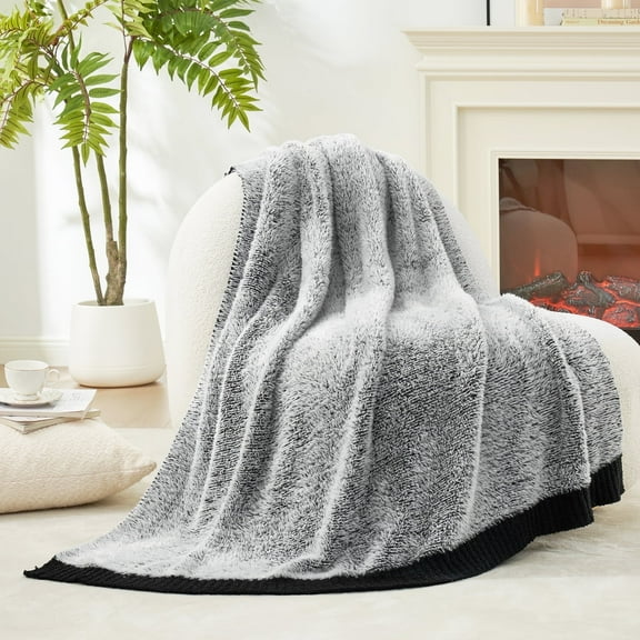 Amelie Home Reversible Soft Knit Throw – Plush Feather Yarn Blanket for Couch, Heather Black 50"x60"