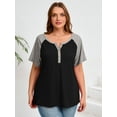 thumbnail image 6 of SHOWMALL Women's Plus Henley Tee Color-block Black 4X V-Neck Button-Up Short Sleeve Shirts Combo Casual Dressy Top, 6 of 8