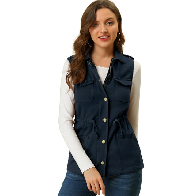 INSPIRE CHIC Women's Sleeveless Jacket Functional Pockets Drawstring Waist Cargo Vest