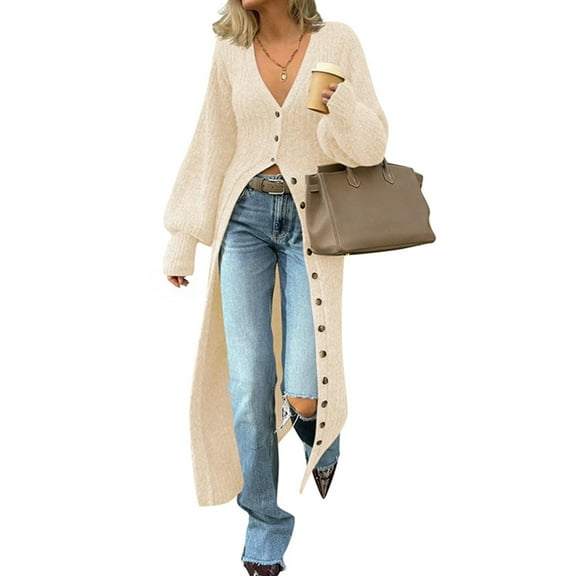 PUWEI Women's Long Chunky Knit Cardigans V Neck Button Down Sweater Coat Trendy Maxi Sweater Dress