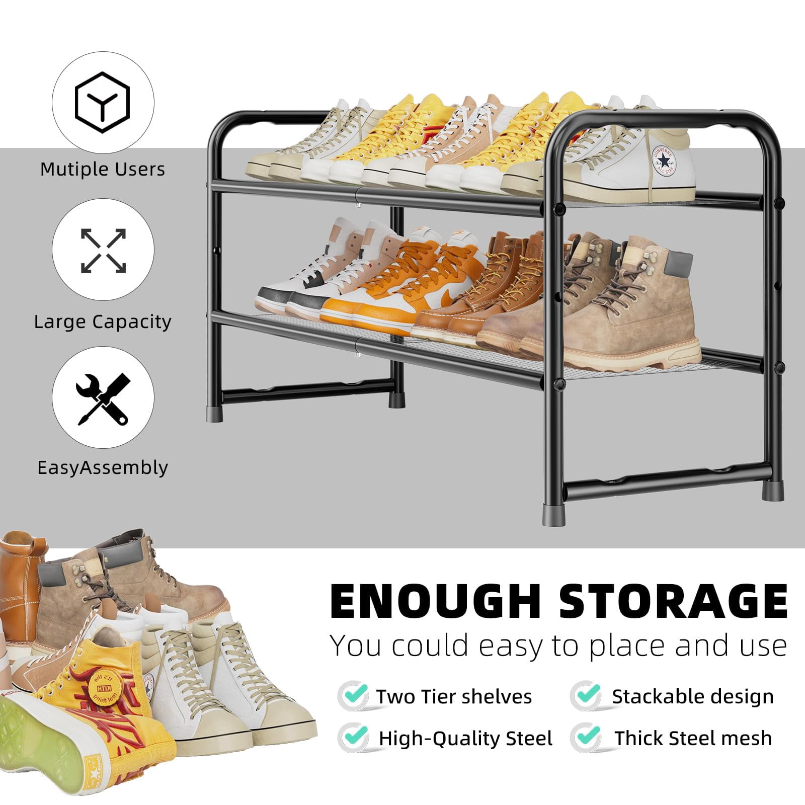 SUFAUY 2 Tier 33" Wide Shoe Rack Stackable, Metal Mesh, Black