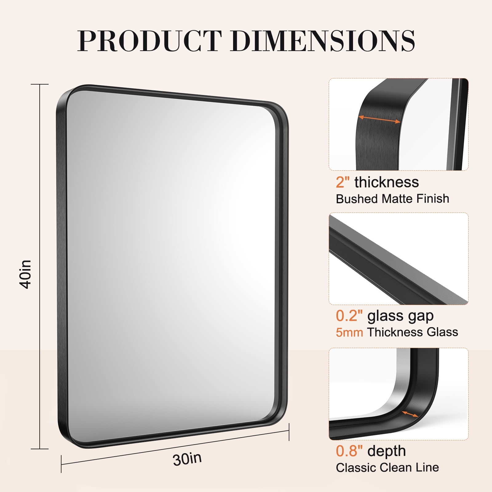 GIANNA Bathroom Mirror 40"x 30" for Wall, Matte Rounded Rectangle Wall Mirror with Metal Frame, Black