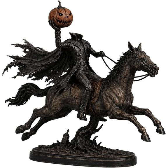 Lighted Headless Horseman Statue LED Pumpkin Head Rider Sculpture Gothic Halloween Tabletop Decor for Mantel Shelf Desk Entryway Holiday Display
