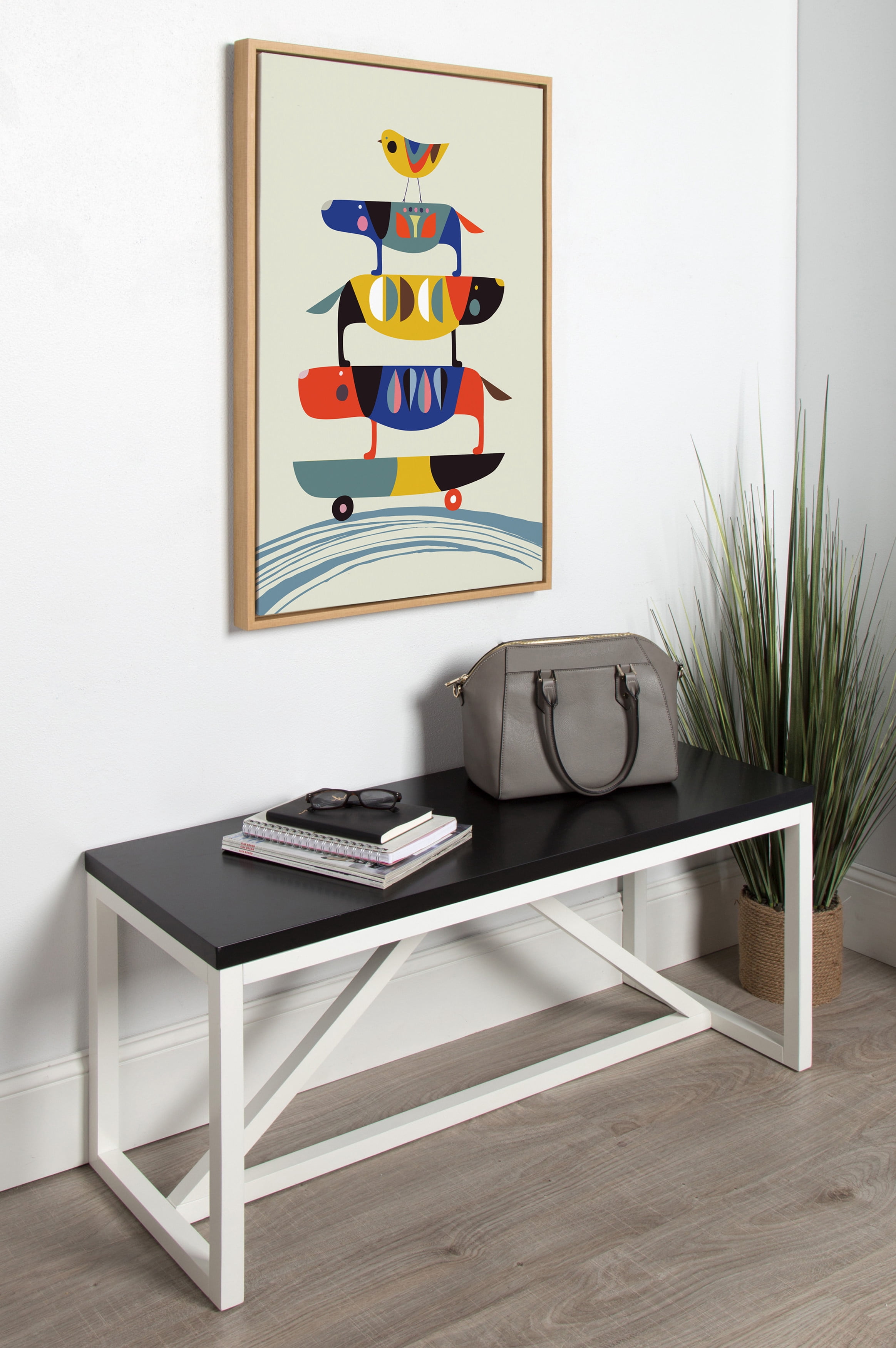 Kate and Laurel Sylvie Skate Dogs Colorful Animal Block Print in Framed Canvas Wall Art by Rachel Lee, 23x33 Natural