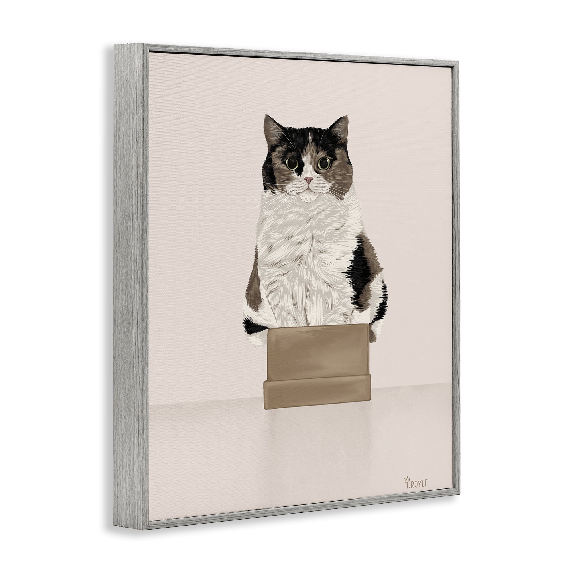Stupell Industries Cat in Cardboard Box Animals & Insects Painting Gray Framed Art Print Wall Art, 16 x 20