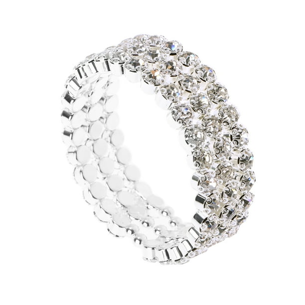 BRIGHTFUFU Pulsera con tachuelas de diamantes de imitación Brazalete con incrustaciones de diamantes de imitación Pulsera de puño abierto de tres capas (Plata)