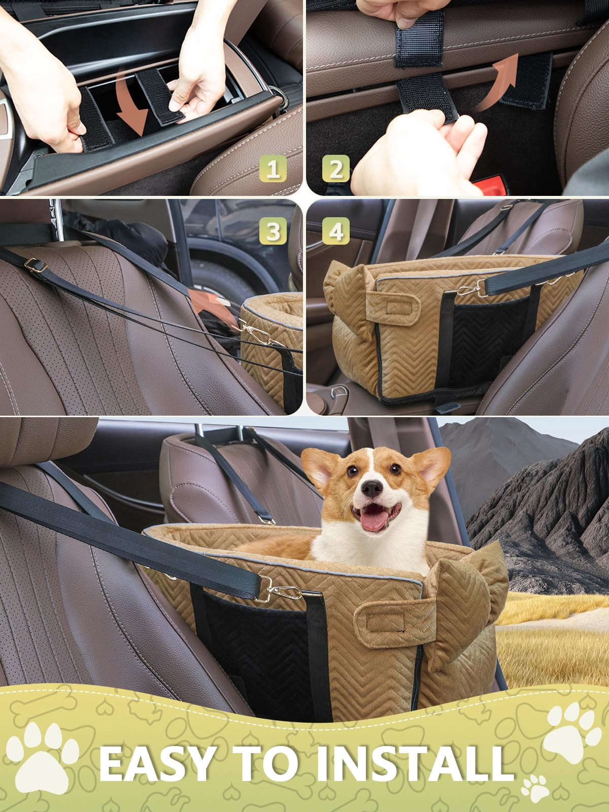 Small Dog Car Seat  Portable With Soft Washable Cushion Center Console For Dogs Up To 13lbs(brown)