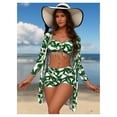thumbnail image 3 of 2026 New module Women's White Green Palm Leaf Print 3-Piece Swim Set - Ruched Bikini Top with High Waisted Bottom Long Sleeve Cover-Up Kimono for Beach, Pool, Vacation S-XL, 3 of 5