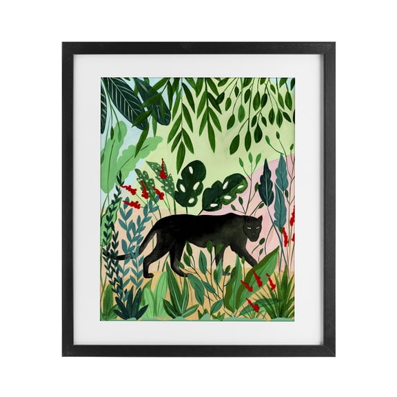 Stoic Panther Tropical Forest Black Framed Print Under Glass, design by Nabeela Rumi