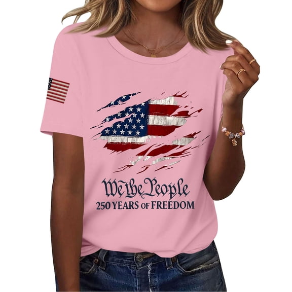 Domuza Women's 250th America Anniversary Casual Printed Crew Neck T-Shirt USA Flag Tee 250 Years of Freedom Shirt Pink XL