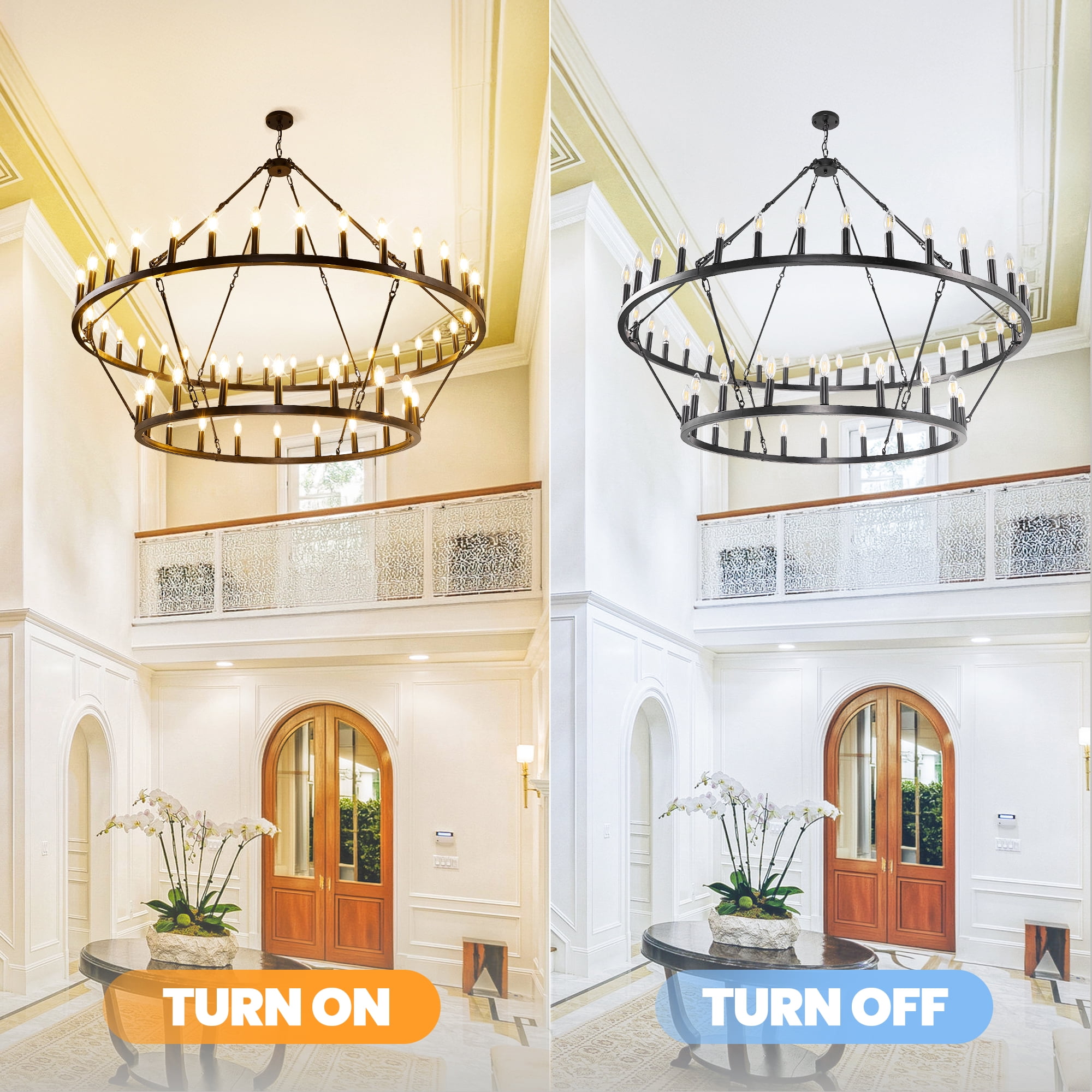 Magic Home 54-Lights Wagon Wheel Chandelier,2 Tier Extra Large Farmhouse Chandelier Light Fixture,Round Rustic Lighting,Black
