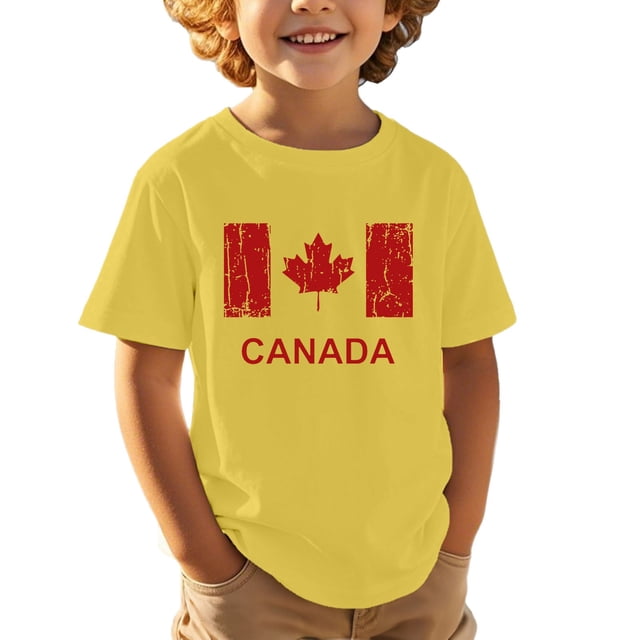 T-shirt Graphique de Festival pour Garçons Drapeau du Canada Col Rond Manches Courtes Blouse Filles Fête Nationale 1st July Coupe Régulière Garçons Fête du Canada T-Shirt à Imprimé Graphique