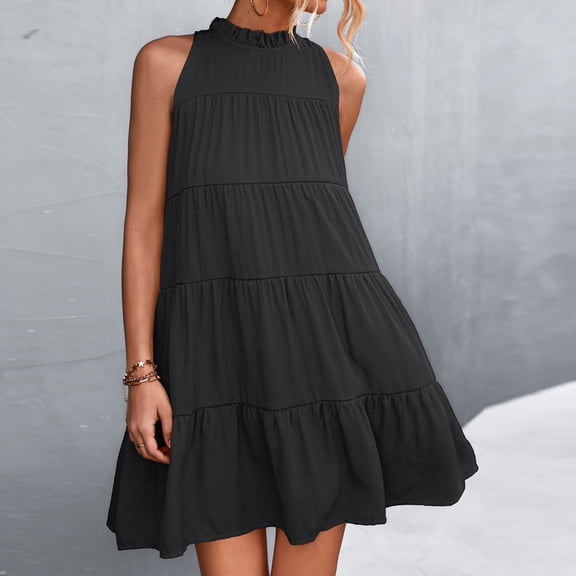 Finelylove Black Dress For Funeral Star Dress Women A-line Knee Length Sleeveless Solid Black XL