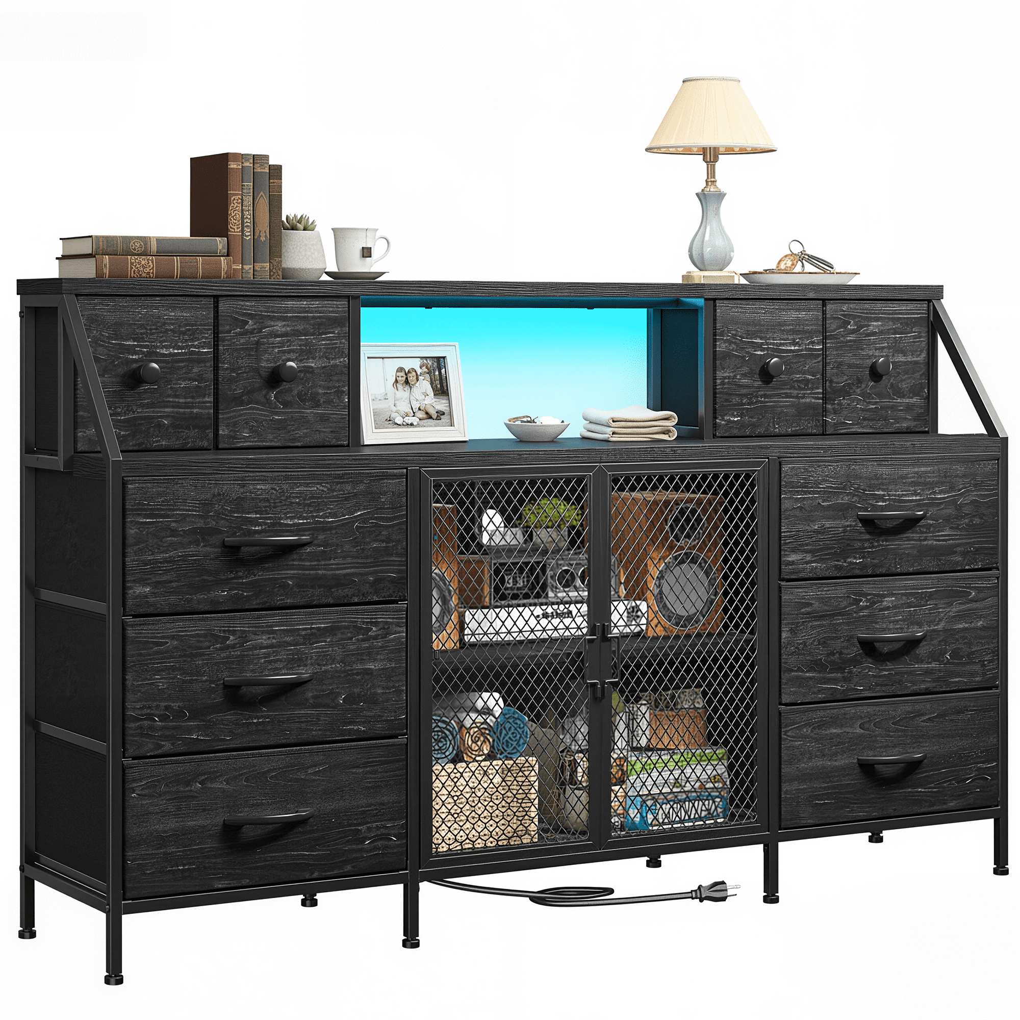 Romorgniz Dresser for Bedroom with 10 Fabric Drawers & Mesh Door 55" Long Dressers & Chest of Drawers with LED Lights & Charging Station for Living Room, Black