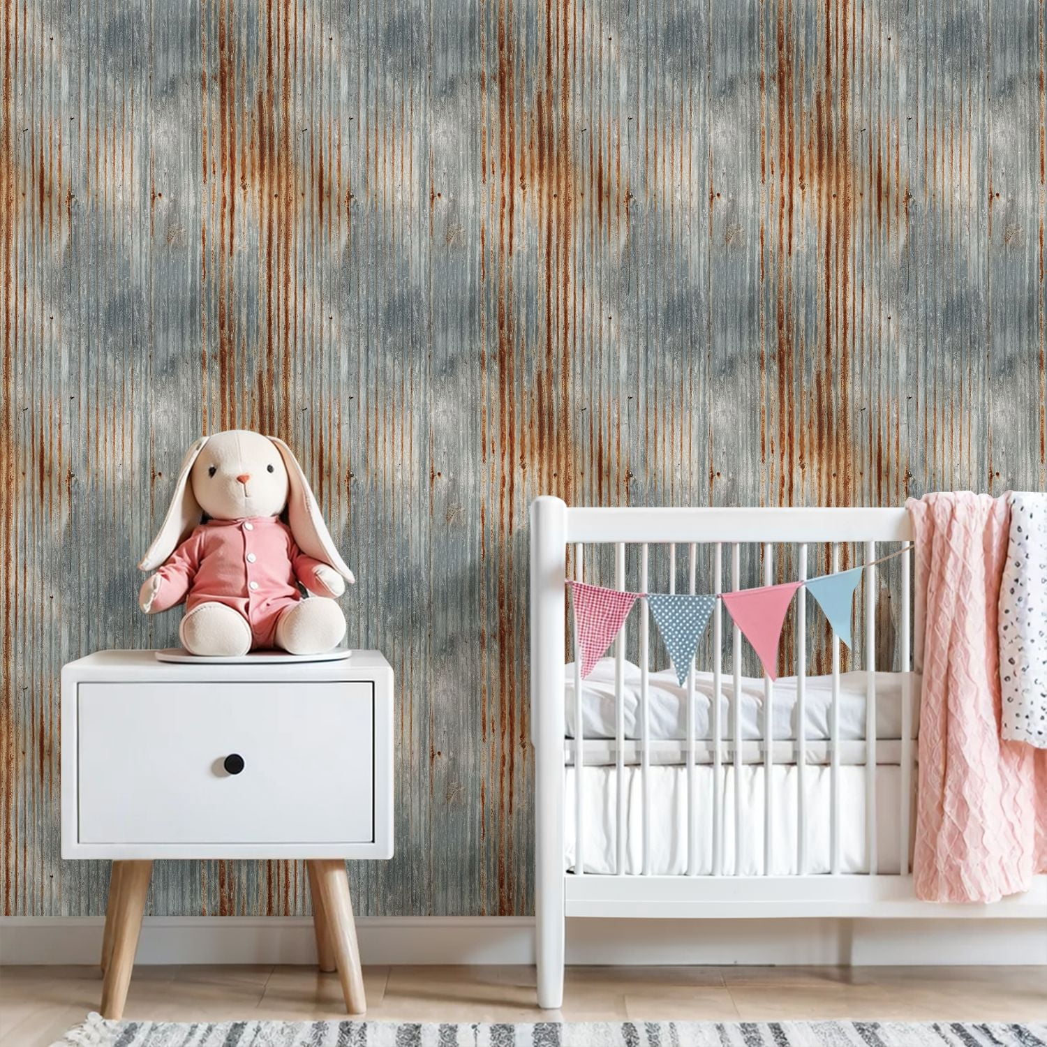 Modern Industrial Rusty Corrugated Metal Texture Vertical Rust Streaks Wall Mural 23.6in x 9.8ft Self Adhesive Removable Wall Paper Renter Friendly Wallpaper for Bedroom Cabinets