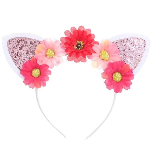Diadema con orejas de gato para niña, tocado de flores artificiales, accesorio para fotos de festivales y fiestas