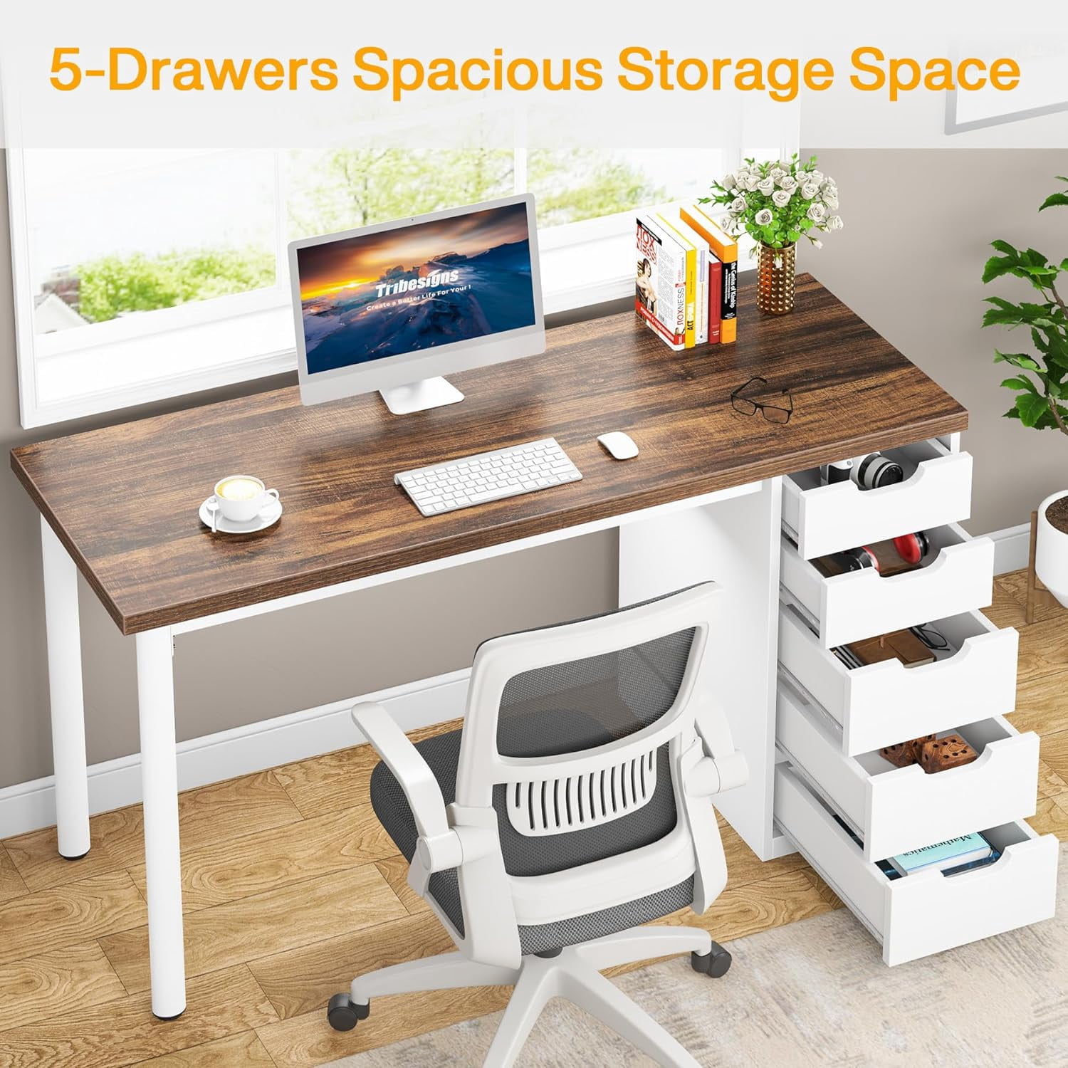 Finmind Computer Desk with 5 Drawers, 47 inches Rustic Brown Home Office Desk with Storage, Modern Study Writing Table Workstation for Small Spaces, Brown & White