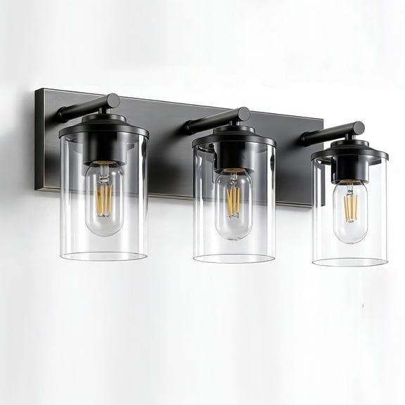 3-Lights Bathroom Vanity Light Fixtures, Modern Black Vanity Lights Over Mirror with Clear Glass Shade for Bathroom, Wall Mounted Lamp for Bedroom Hallway Living Room