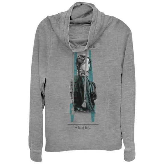 Junior's Star Wars Rogue One Jyn Defiance U-Wing  Cowl Neck Sweatshirt Gray Heather Large