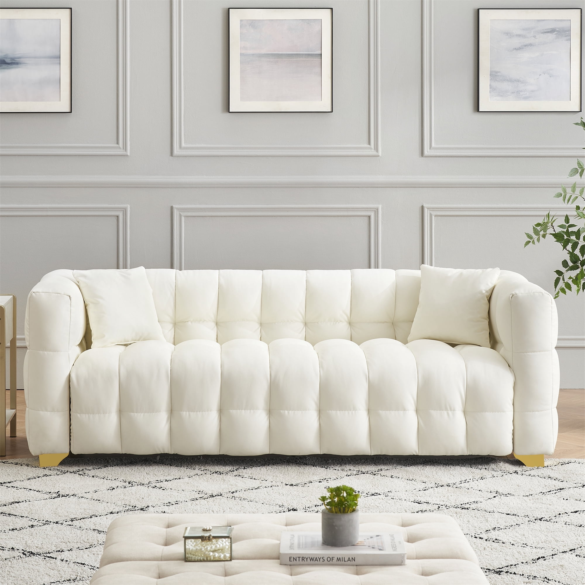 Aukfa 80" Modern Comfy Sofa, Deep Tufted Couch for Living Room, 2 Pillows, Leathaire, Beige