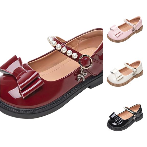 FINALGANG Kids Girls Adjustable Strap Bow Pearl Mary Jane Shoes Low Block Heel Soft Lining Formal Daily Kids Leather Dress Shoes Cozy Shoes 8-9 Years