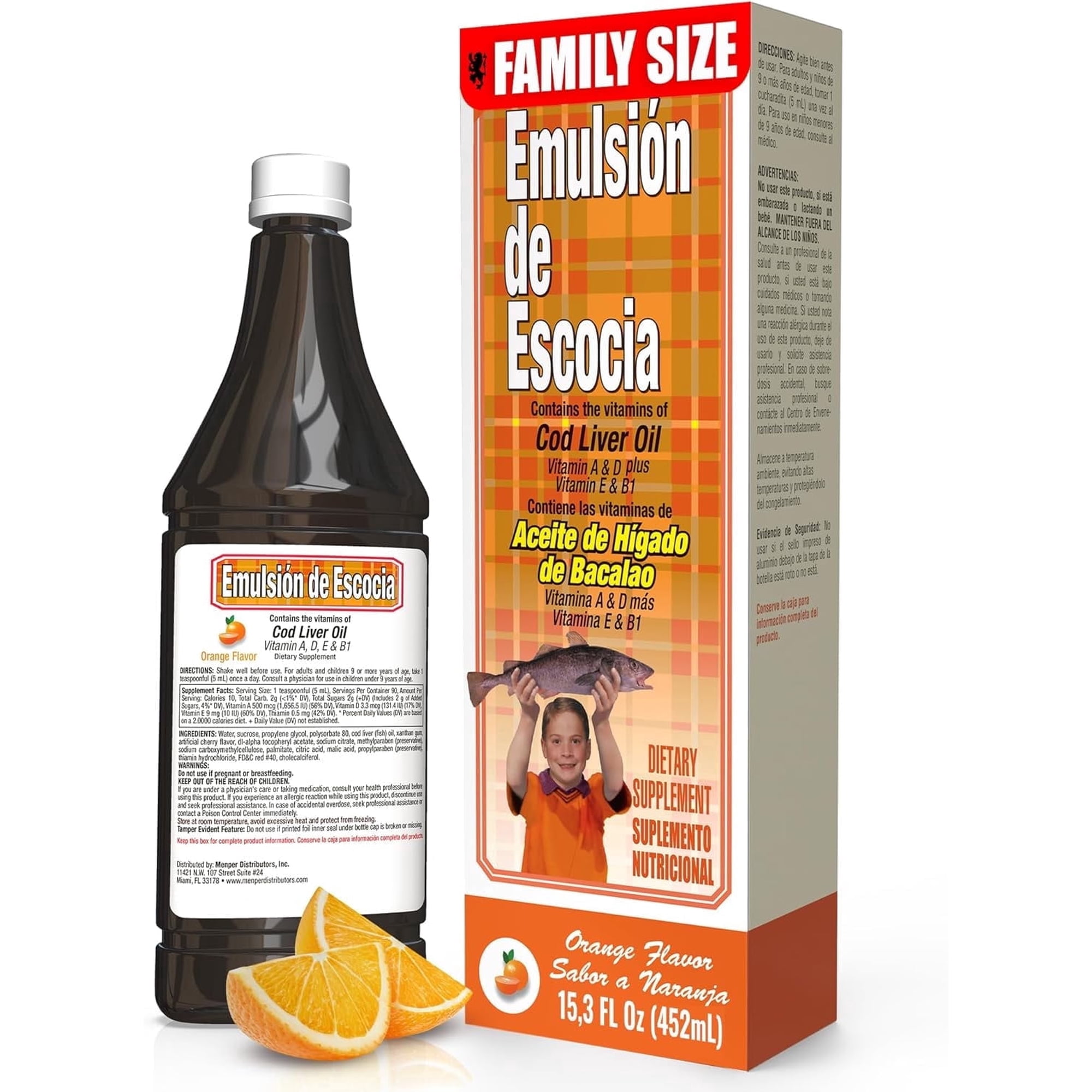 Emulsion de Escocia Orange – Cod Liver Oil for Kids with Omega 3 Fish Oil, Vitamin D and Essential Nutrients for Growth and Immune Support, Liquid Supplement 15.3 Fl Oz | Family Size