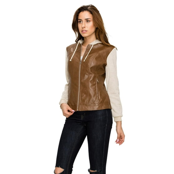 Mbj Wjc1347 Womens Faux Leather Zip Up Moto Biker Jacket With Hoo L Camel Oatmeal