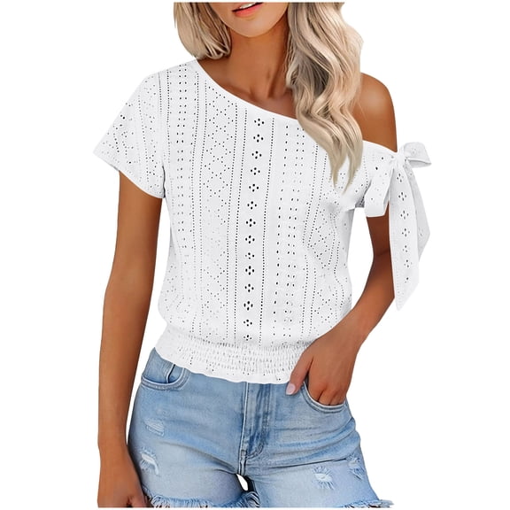 Lenpel Women's off One Shoulder Crop Tops Short Sleeve Tie Side Cinch Bottom Eyelet Embroidered T-Shirts Dressy Casual Tee Blouses